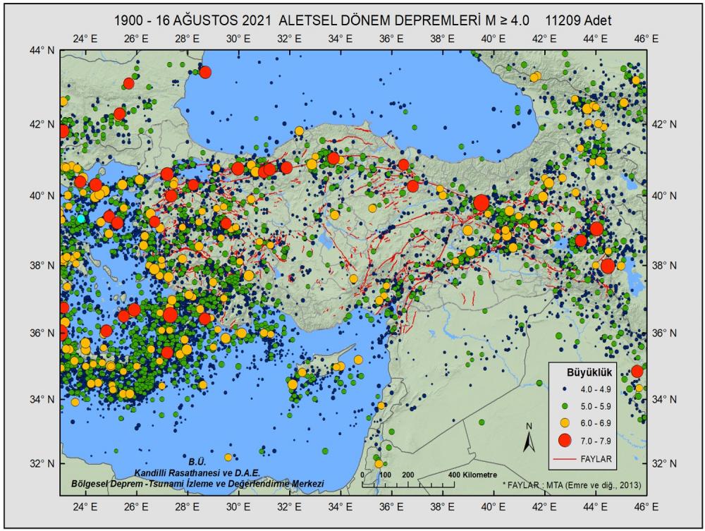 KRDAE'nin 121 yılı kapsayan deprem haritasi